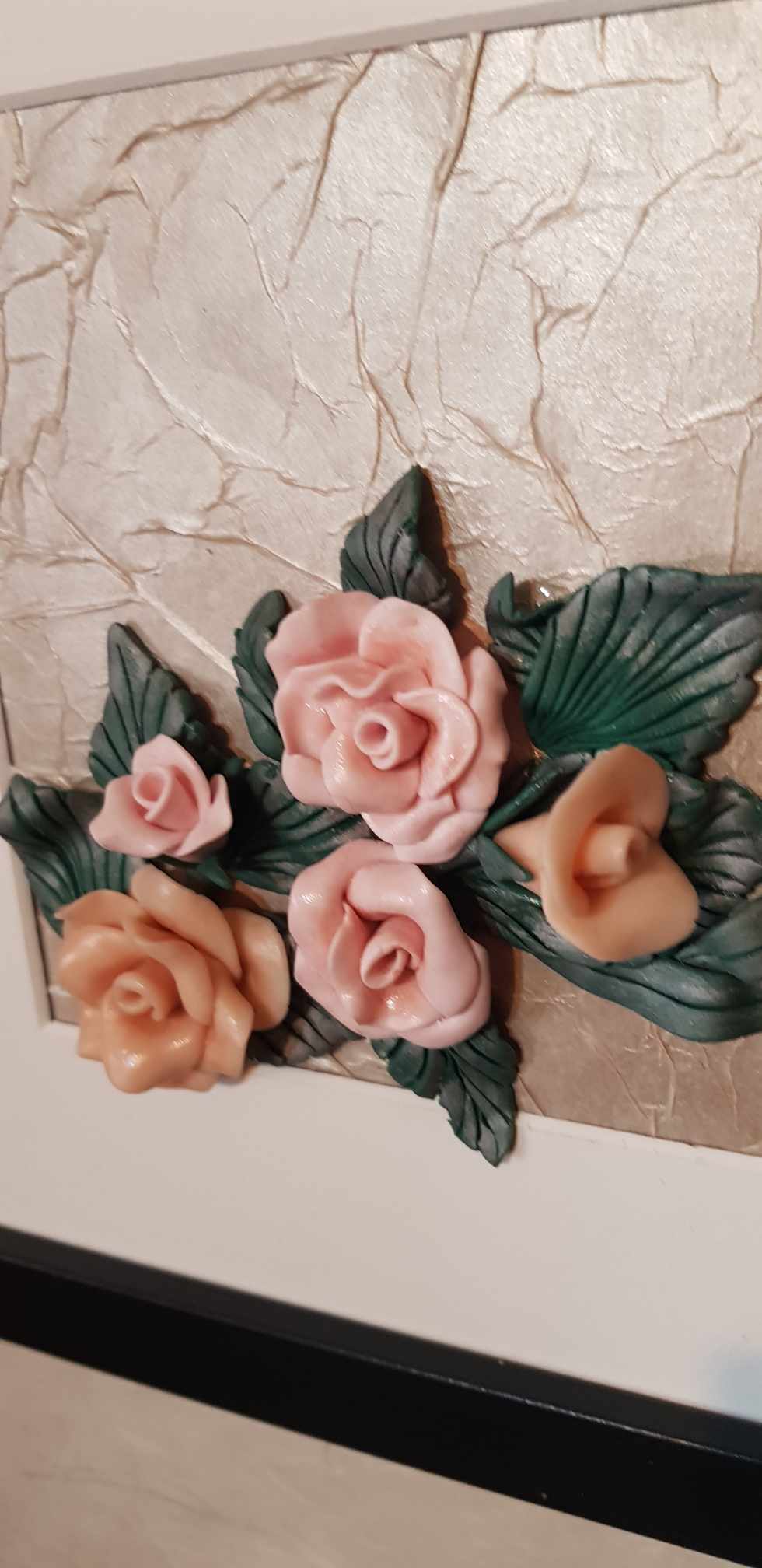 Handcrafted, colorful, 3D flowers wall decor made with polymer clay and a decoupage technique. Add a touch of glam to your walls with our unique piece "Delicate Spring".