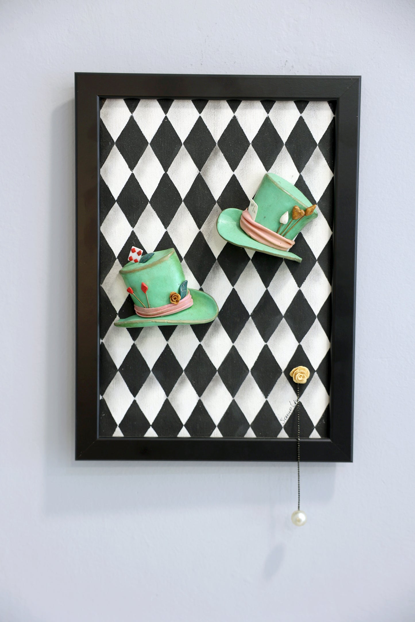 Green Hats In Wonderland | handmade framed canvas | wall art