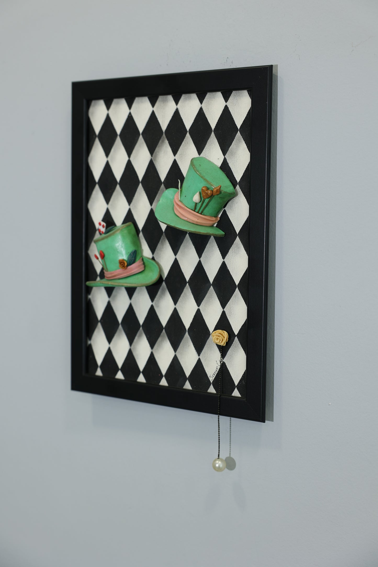 Green Hats In Wonderland | handmade framed canvas | wall art